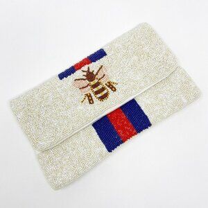 Gold & Pink Bee on Ivory Blue Red Stripe Beaded Clutch